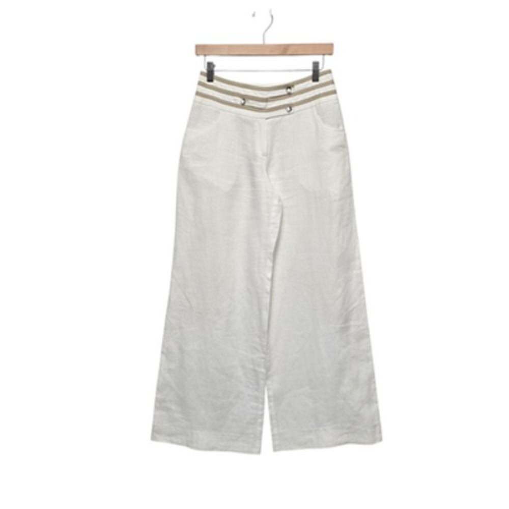 Nathalie Garcon Pants Womens 38 White Linen Wide Leg High Rise Snap Waist Sailor